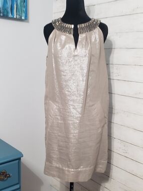 WALTER Vintage Beaded Collar Shift Mini Dress Metallic Champagne Small Pockets